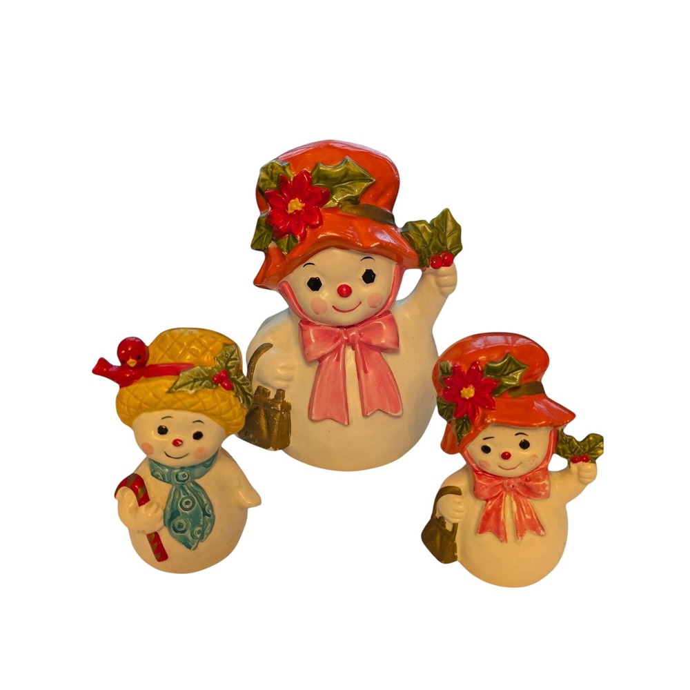 NapcoWare Ceramic Snowman Salt Pepper Shakers Figurines Set 3 Vintage Christmas